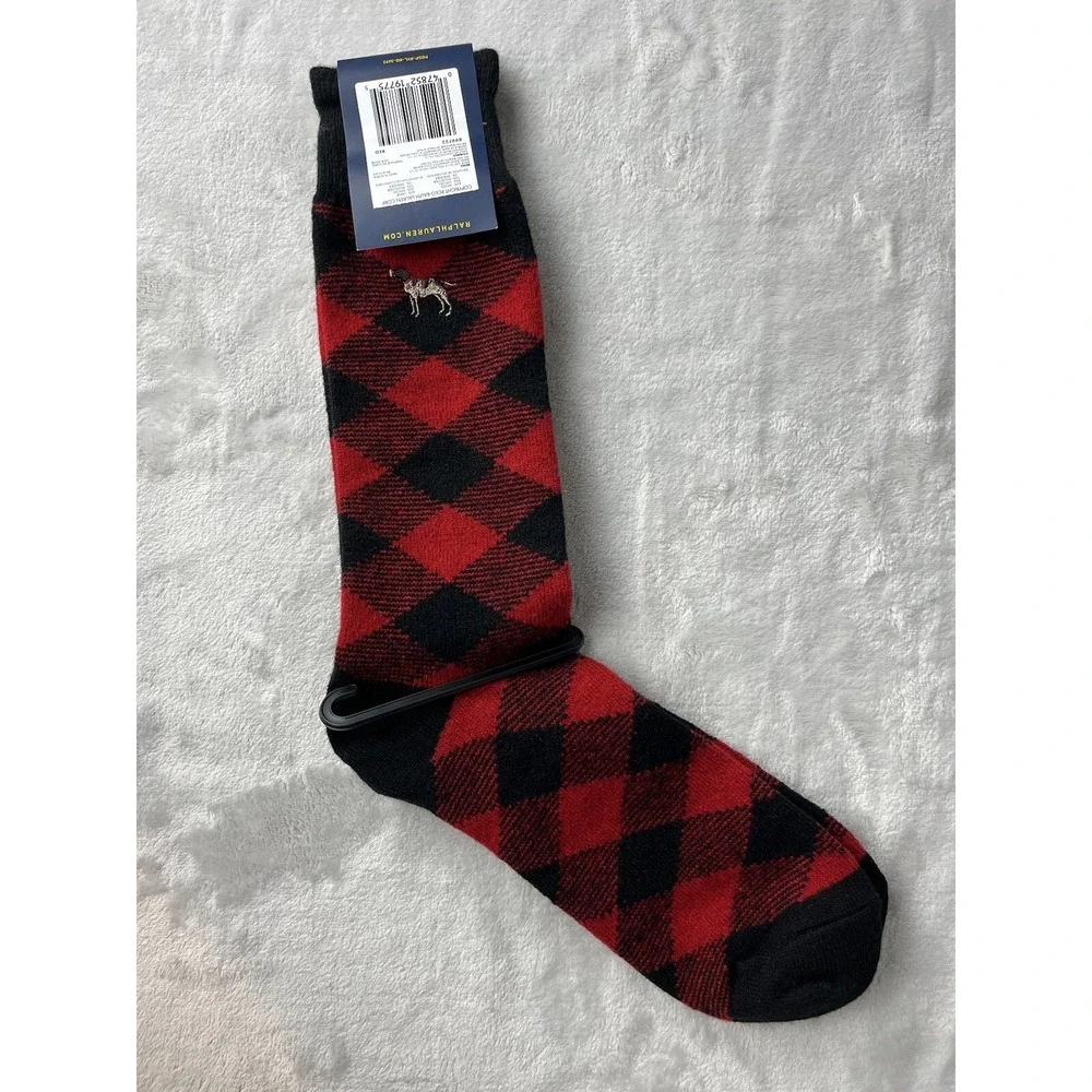 POLO RALPH LAUREN Sock Men Size 10-13 Hunting Dog Embroidered Red Diamond Check